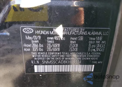 2019 Hyundai Santa Fe Limited из США, поврежденный, VIN 5NMS5CAD8KH119334